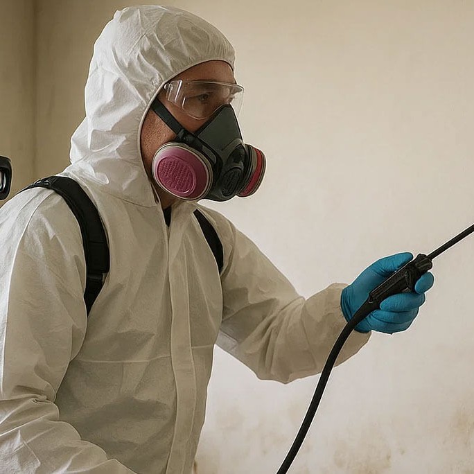Bio-hazard cleanup technician in protective suit and respirator